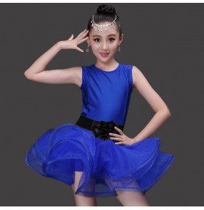 Neon green royal blue fuchsia hot pink red spandex microfiber sleeveless with sashes girls kids children stage performance competition latin ballroom salsa dance dresses ruffles skirts outfits costumes